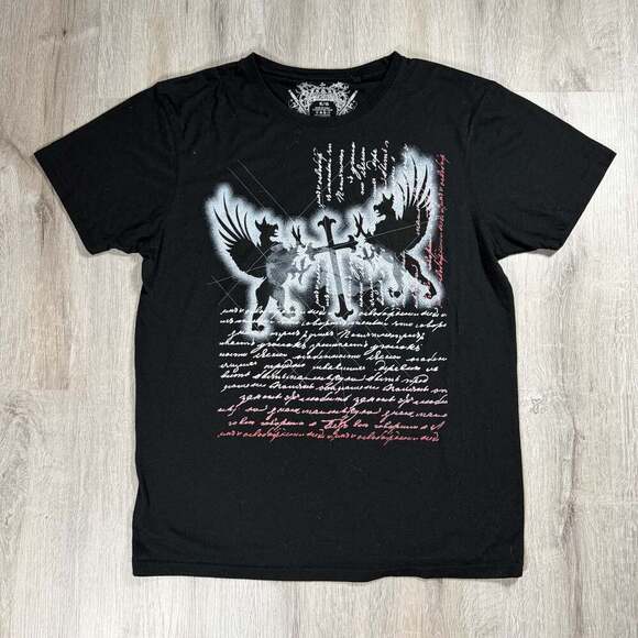 Unbranded Tops - Y2K Grunge Graphic Tee with Cross and Winged Creature Print T-Shirt XL